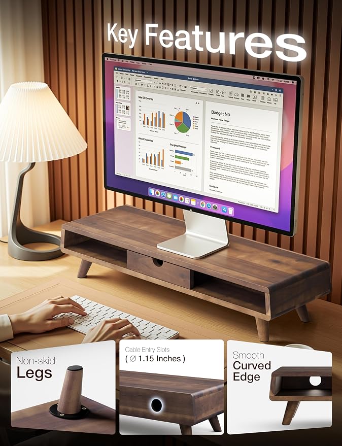 Tinamo Wood Monitor Stand with Drawer & Storage, Walnut Color (Patented) | Acacia Wood, Fits Monitors up to 32", Built-in Drawer, Hidden Storage, Non-slip, Round Edge, Ergonomic Height, Easy Assembly