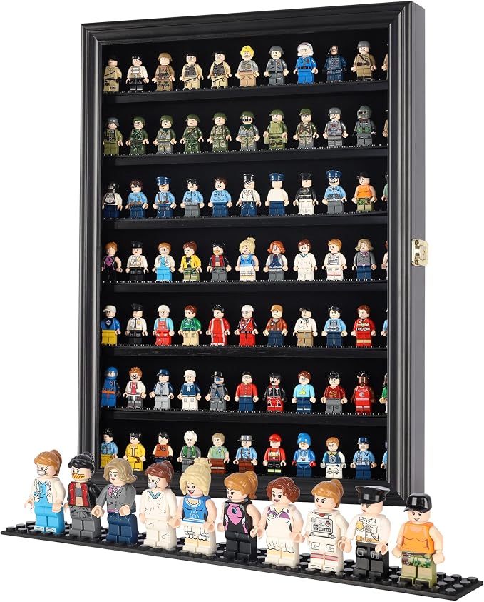 Minifigure Display Case - Building Block Toy Wall Cabinet Showcase for Small Miniature Collectibles Mini Brands Thimbles, 2.25" Shelf Height Lockable UV Protection Door (Black Finish Frame)