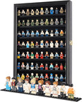 Minifigure Display Case - Building Block Toy Wall Cabinet Showcase for Small Miniature Collectibles Mini Brands Thimbles, 2.25" Shelf Height Lockable UV Protection Door (Black Finish Frame)