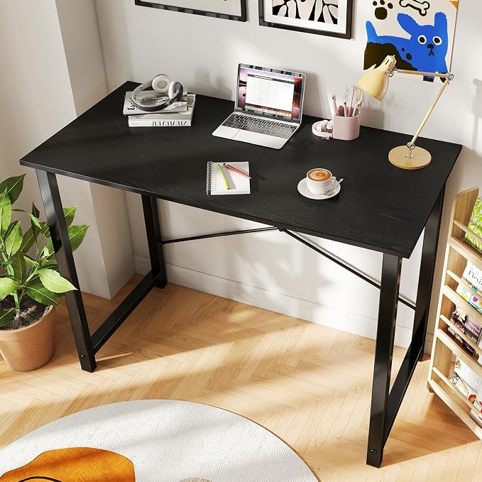 DUMOS 40 Inch Office Small Computer Desk Modern Simple Style Writing Study Work Table for Home Bedroom - Wood Black | Modern Study Writing Work Table, Craft PC Desk Simple Workstation with Reinforcement Structure, Black