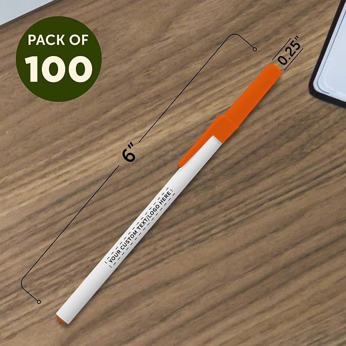 DISCOUNT PROMOS Custom Value Stick Pens Set of 100, Personalized Bulk Pack - Blue Ink, Great for Office, School, Business, Tradeshows, Events - Orange Cap