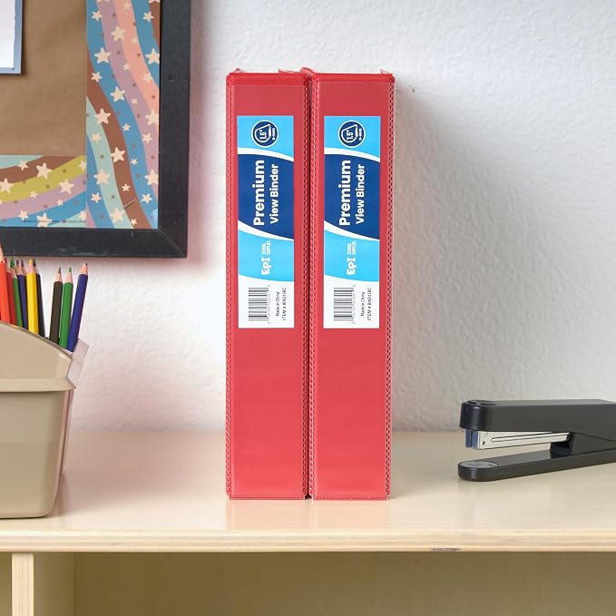 12 Pack Red 3-Ring Binders, 1.5", Slant D-Ring, Durable, EPI Premium, Heavy Duty, Holds 375 Sheets, Clear View Presentation, Non-Stick, 2 Inside Pockets, Organizer for School, Home Office