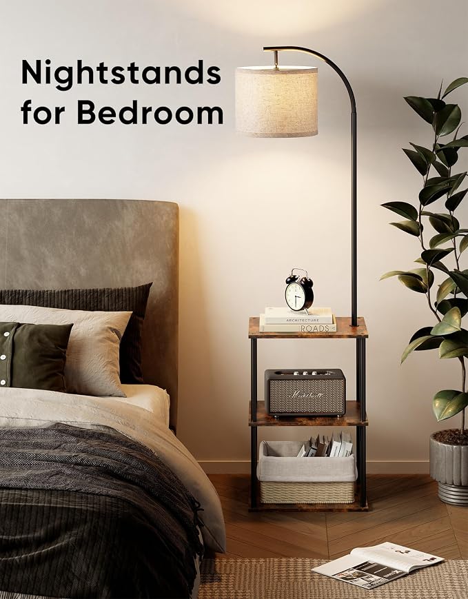 Floor Lamp with Table, Night Stand with Lamp, Narrow Side Table with 3CCT LED Bulb, Small Coffee Table, Modern End Table with Storage Shelves for Living Room Bedroom Home Décor