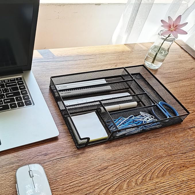 2-Pack Metal Mesh Desk Drawer Organizer Tray Set, 6-Compartment Office Drawer Organizer for Pens Supplies, 12.6"x8.27"x1.57" Black