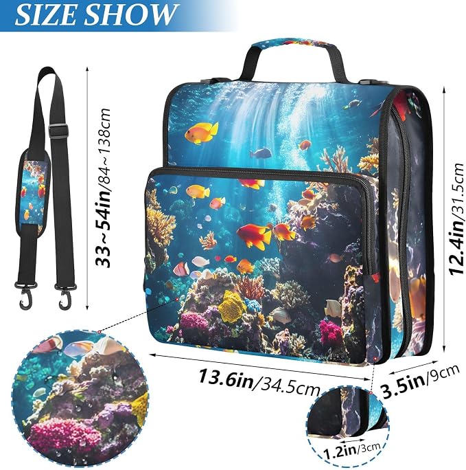 3 Ring Zipper Binder with Shoulder Strap Underwater Fish Ocean Nautical Coastal 2 Inch Zippered Binder Bag 500 Sheet Capacity Multi Pockets for School Supplies