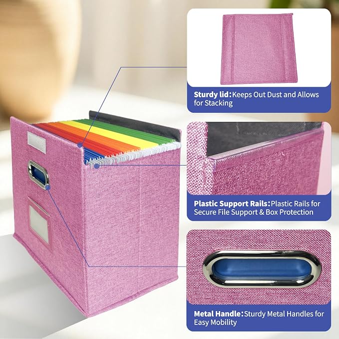 2 Pack Hanging File Folder Box with Lid, Durable Letter Size Filing Storage Box, Sturdy File Holder with Cardboard Support PVC Rails for Office Home Organizer, Pink