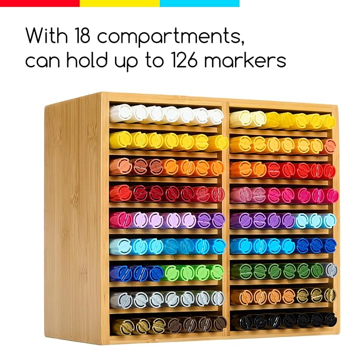 MEEDEN Bamboo Marker Holder Organizer: Holds 126 Pens with 18 Compartments- Art Supply Storage & Holder for Alcohol Markers，Pens，Pencils