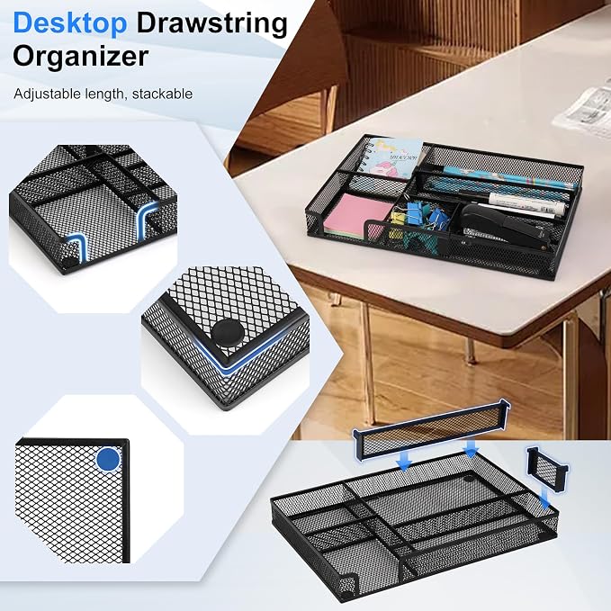Desk Drawer Organizer, 2 Pack Junk Drawer Organizer Tray with 2 Adjustable Compartments, Desktop Metal Mesh Office Desk Organizer, Multifunction Pen Organizer Set for Office School Makeup Supplies (2)
