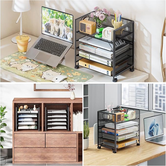 Simple Trending 5-Tier Paper Tray Organizer, File Organizer for Desk, Black | Letter Tray Holder with Handle. Sturdy Metal Frame. Non-slip Feet. Black for Office Home School. 13"L x 9"W x 13"H