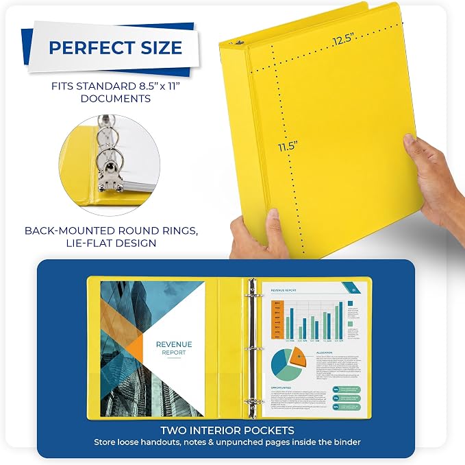 Samsill 1.5 Inch 3 Ring Binders, Economy Round Ring, Clear View Cover, 325 Sheet Capacity - for School, Home, Office - Yellow, 12 Pack