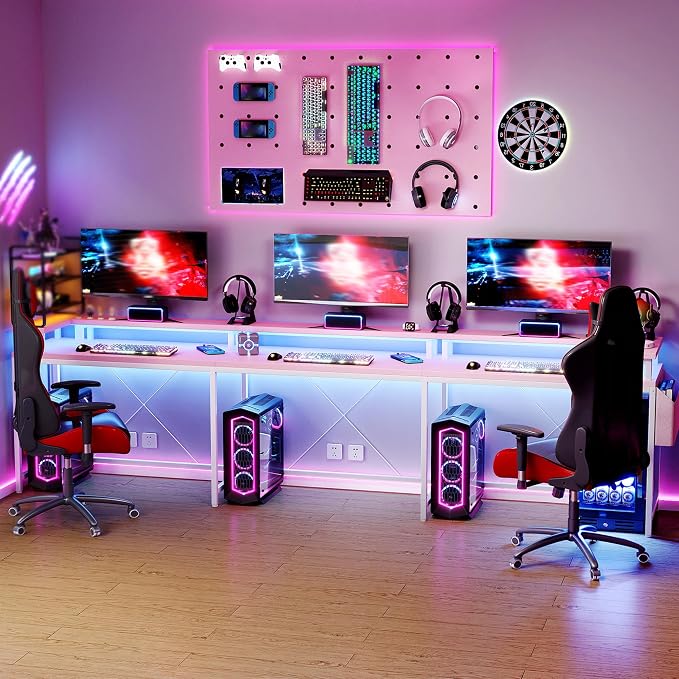 Reversible u Shaped to l Shaped Computer Desk with RGB Lighting & Charging Station, 79 Inch Home Office Workstation with Full Monitor Stand, Heavy Duty Gaming Desk Supporting 600LBS, Multiple Color Op