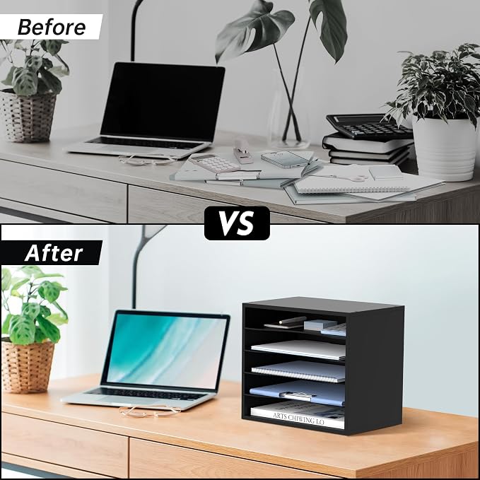 5 Tier Wood Desk Organizer, Mail Sorter and Paper Organizer for Desk, Black | Wooden Desktop Organizer for Sorting Papers, Letters and Mails, Literature Organizer for Home Office, Classroom Organization