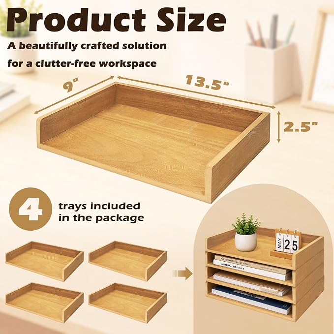 4 Pack Stackable Paper Tray, Wooden Paper Tray Organizer with Letter Tray, Paper Holder for Desk, Desktop File Storage Rack for Study, Home and Office (Oak)