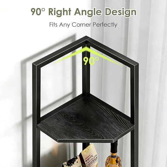 VECELO 6 Tier Corner Shelf 69 Inch Industrial Bookshelf with Metal Frame, Multipurpose Tall Plant Stand with Opening Display Shelves for Living Room, Bedroom, Home Office, Small Space, Black
