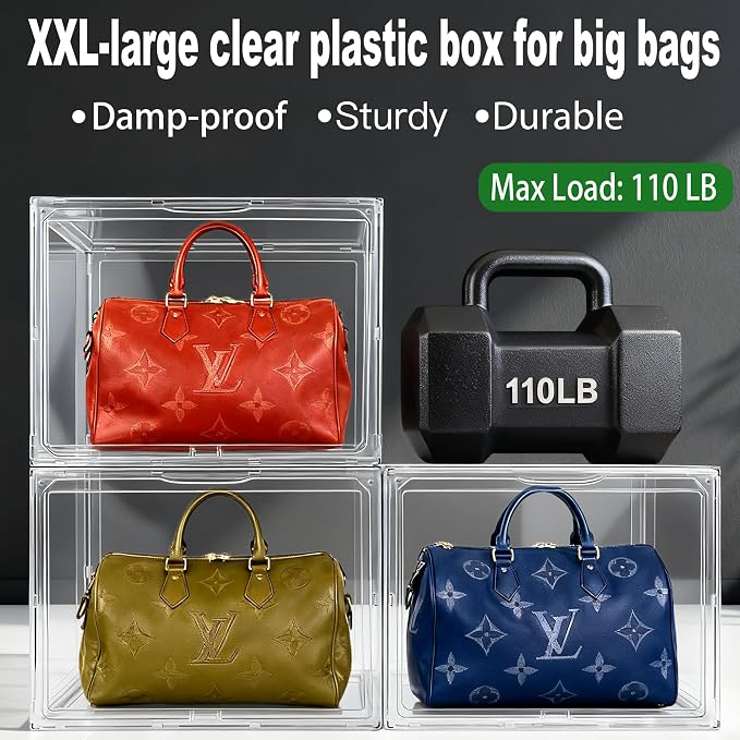 5 Pack XXX-Large Acrylic Purse Organizer for Closet,17.3x13x13''Clear Case | Clear Bag Handbag Storage Box with Magnetic Lid,Plastic Storage Bins for Helmet,Tall Boots,Large Figure Collectibles