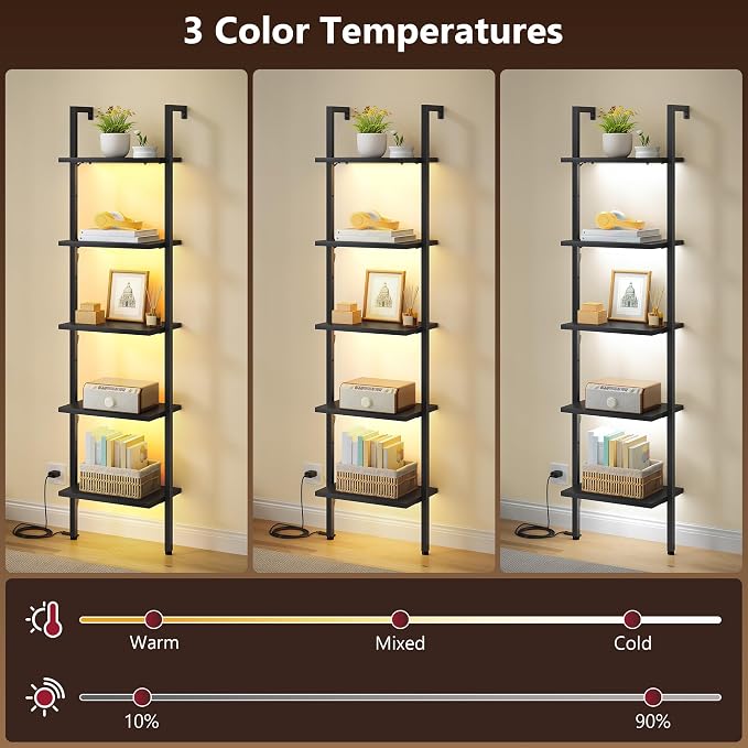 5 Tier Ladder Bookshelf with Light, Wall Mounted Ladder Shelf Black