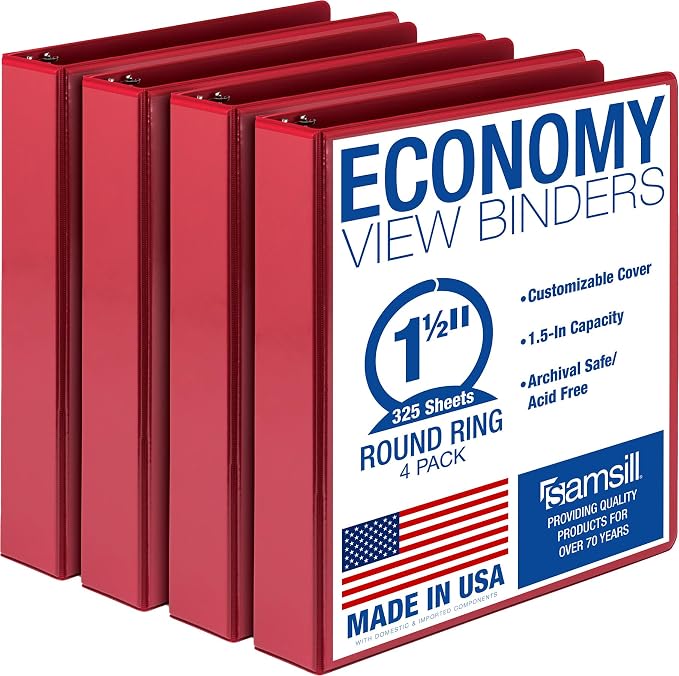 Samsill 1.5 Inch 3 Ring Binders, Economy Round Ring, Clear View Cover, 325 Sheet Capacity - for School, Home, Office - Red, 4 Pack