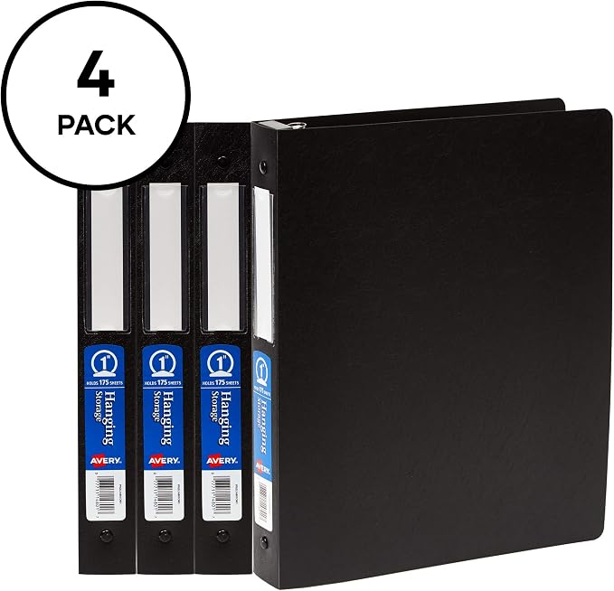 Avery® Hanging Storage 3 Ring Binders, 1" Round Rings, 4 Black Binders | For Everyday School, Home and Office Use, Non-Stick Ink-Resistant Cover, Built-In Hangers for File Systems, Clear Spine Label