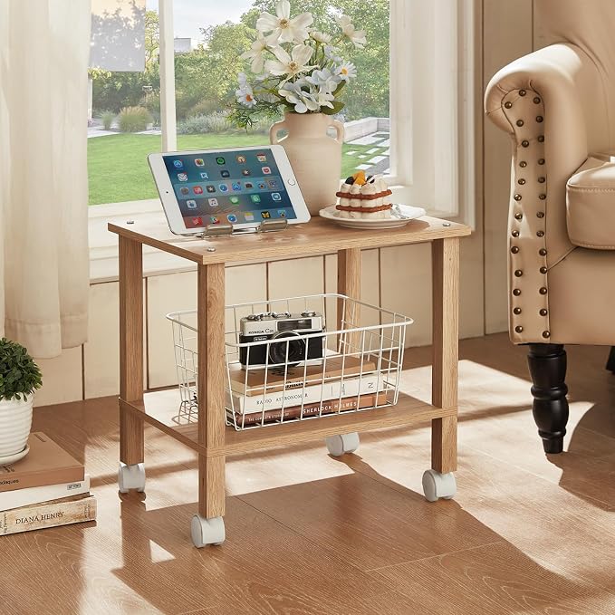 YUFAM 2 Tier Printer Stand with Storage,Under Desk Shelf Printer Table,Small Printer Stand with Wheels,Rolling Printer Cart for Office | Wooden Small Printer Table for Home Office, Rolling Printer Cart Shelf with Lockable Wheels