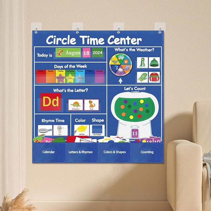 Circle Time Learning Center, Teaching Shape Circle Time Pocket Chart with 221 Cards, Educational Pocket Chart Teaching Materials, Learning Calendar Weather Counting Letter Color Shape etc