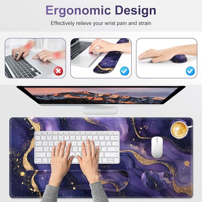 Large Gaming Mouse Pad Set, 4 in1 Ergonomics Keyboard Desk Mat with Memory Foam Wrist Rest, Extended Game Mousepad, Non-Slip Desk Pad Matt Easy Typing Pain Relief I Purple Golden Marble