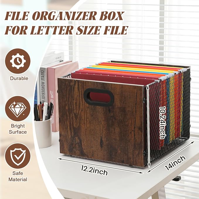 Yalikop Rustic Brown Wood File Box Organizer, Hanging Folder Storage Boxes, Filing Crate Bin Holder with Handle for Home Office Desk, Letter Size