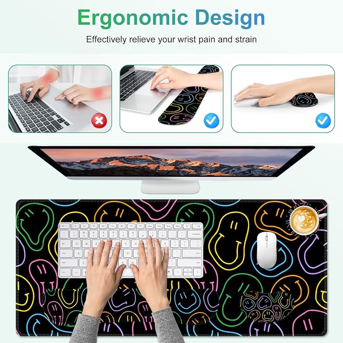 Large Gaming Mouse Pad Set, 4 in 1 Extended Keyboard Desk Mat with Wrist Rest, Computer Game Mousepad, Non-Slip Desk Pad Protector Easy Typing Pain Relief for Home Office I Black Retro Hippie