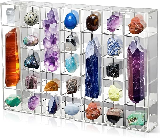 Cinnvoice Rock Display Case 35 Grids,Transparent Border, Square | Adjustable Acrylic Display Case, Crystal Organizer for Collectible, with Built-in Mirrored, Magnetic Door, Wall Mount