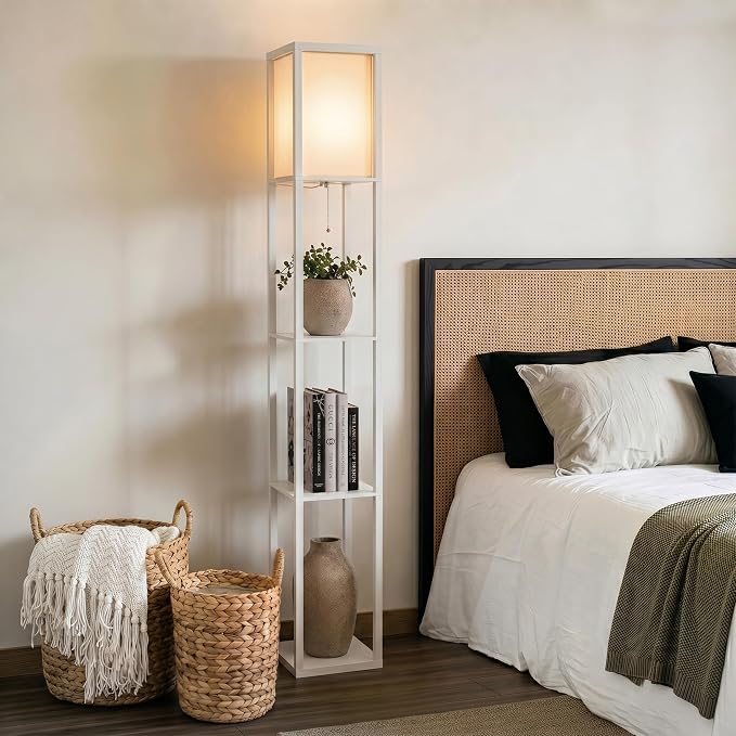 Brightech Maxwell - Modern Shelf Floor Lamp with Lamp Shade & Warm White LED Bulb, Corner Display Floor Lamp with Shelves for Living Room, Bedroom, Nightstand Office, Home Decor Storage - White