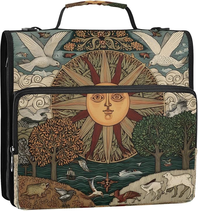 ALAZA Zipper Binder 3 Ring Bohemian Bird Sun Vintag Binder Organizer with Zipper and Shoulder Strap Large Capacity Multi-Pocket Trapper Keeper File Folder for Office Supplies