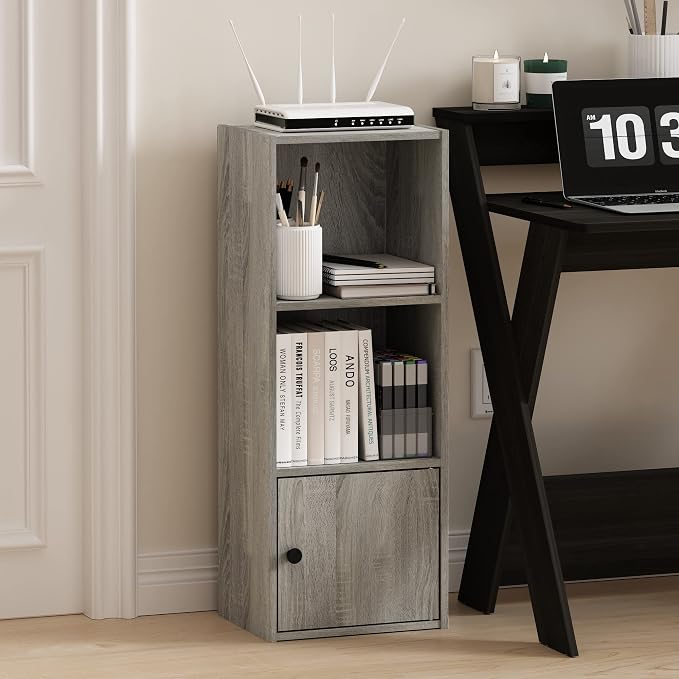 Furinno LUDER Book Shelf, 3-Tier Modern Bookshelf, Bookcase with 1 Door Storage Cabinet, 9.3 x 12 x 31.5, for Organization and Storage, for Living Room, Bedroom, Home Office, French Oak