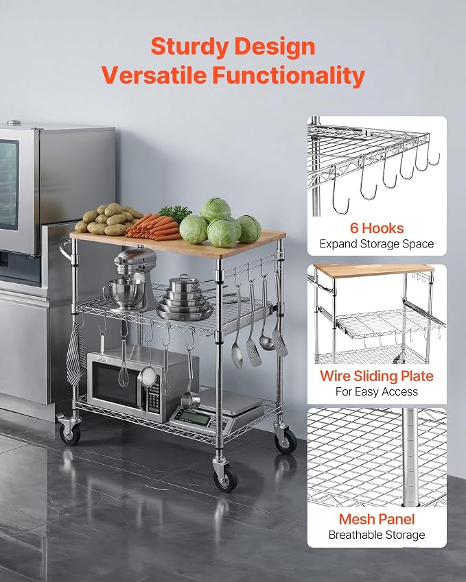 VEVOR Kitchen Utility Cart, 3-Tier Rolling Kitchen Cart with Wood Tabletop and Handle Bar, 661 lbs Capacity Heavy Duty Adjustable Wire Storage Rack, Steel Service Trolley on Wheels, 30 x 18 x 36 in