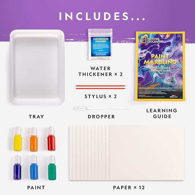 National Geographic Marbling Paint Craft Kit to Create Marble Art for Kids | Create 12 Sheets of Marble Art, Paints and Water Technique, Colorful Designs, Creative Painting Activity, Birthday Gift