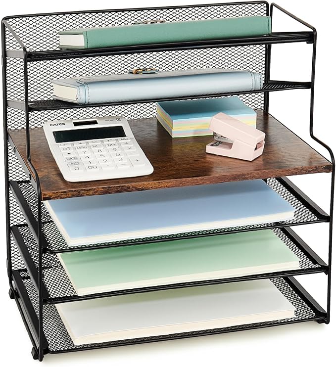 Desk Organizer, 6-Tier Paper Organizer Letter Tray, Brown Wood | Desk Organizers and Accessories, Office Desk Accessories & Workspace Organizers, Desktop File Organizer for Office Supplies