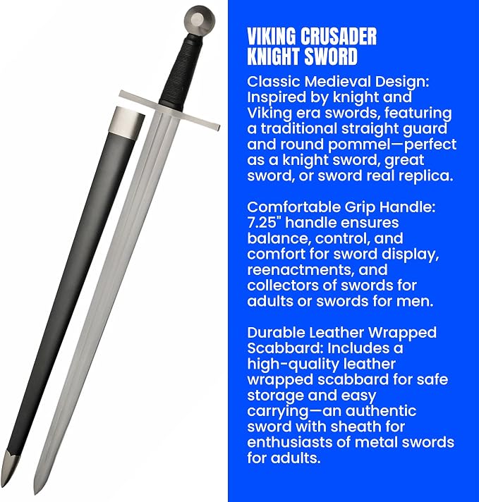 SZCO 36.5" Battle Tested Broad Medieval Sword – Collectible Viking Crusader Knight Sword with 29" Carbon Steel Blade, Leather Wrapped Scabbard & Classic Hilt
