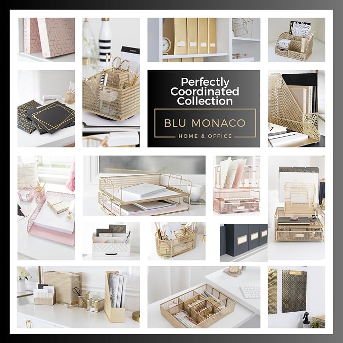 BLU MONACO | Gold Desk Organizer With Drawer | Metal Mesh File Holder & Vertical File Organizer | Desktop Storage for Office Supplies, Papers & Folders | 9.3" D x 13" W x 14" H
