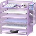 6 Tier Desk Organizer with 4 Pen Holders & Mesh Paper Trays Purple | 6 Tiers Paper Organizer, File Organizer Letter Tray with Handle for A4 Files, Folders, Mail and Office Supplies