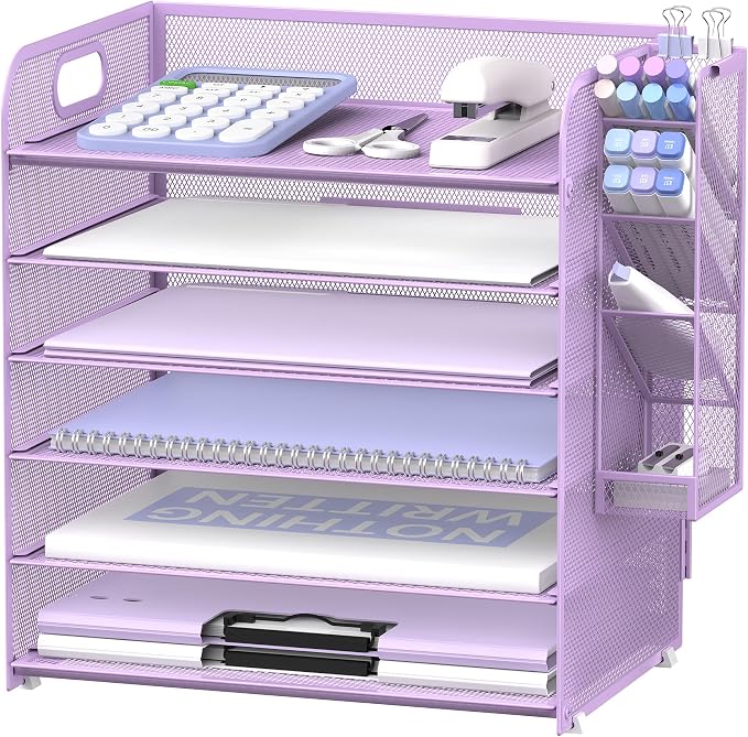 6 Tier Desk Organizer with 4 Pen Holders & Mesh Paper Trays Purple | 6 Tiers Paper Organizer, File Organizer Letter Tray with Handle for A4 Files, Folders, Mail and Office Supplies
