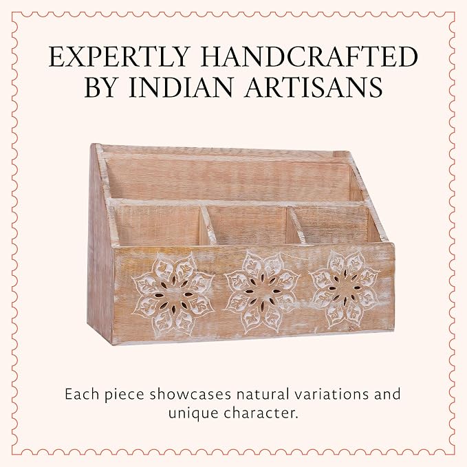 Serena Mango Wood Desk Organizer - Whitewash, 13 in | Functional mail holder featuring 5 compartments tailored for home desk organization, mail storage and rustic office decor.