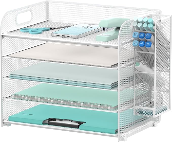 5-Tier Paper Organizer for Desk with Pen Holders, Letter Trays, White | Metal Mesh Desktop File Organizer with Removable Trays and 2 Handles for Paper, Files, Mail, Folders in Office Home or School