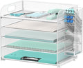 5-Tier Paper Organizer for Desk with Pen Holders, Letter Trays, White | Metal Mesh Desktop File Organizer with Removable Trays and 2 Handles for Paper, Files, Mail, Folders in Office Home or School