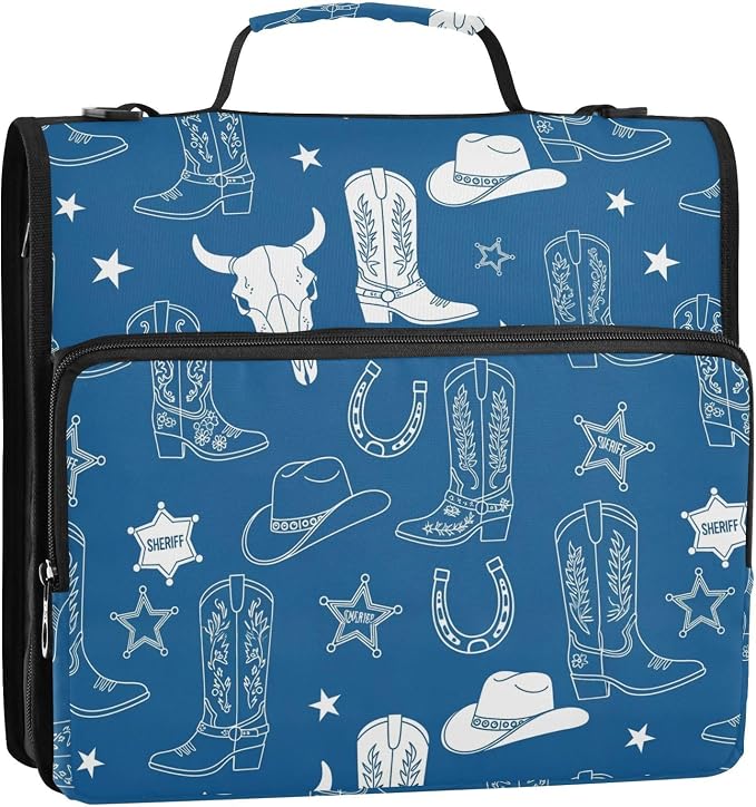 Western Cowboy Blue Pattern 3 Ring Zipper Binder with Shoulder Strap & Handle 1.5 Inch D-Ring Zippered Bag with Pencil Pouch,Expanding File Folder, Binder Organizer for School or Office