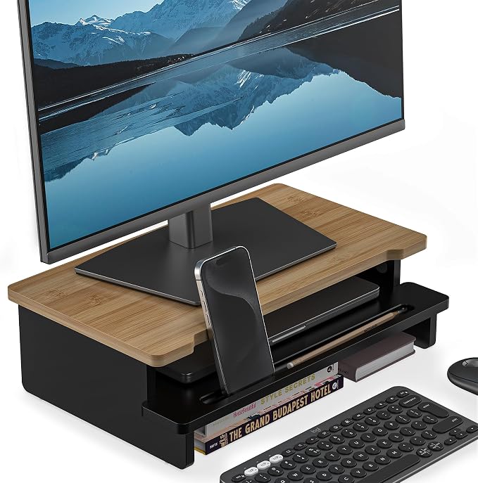 16.5” Bamboo Monitor Stand with Phone & Tablet Holder Desk Shelf | Monitor Riser for 36-48 Inch Desk Cozy Computer Setup Workplace Organizer Keyboard Storage Compact Ergonomic Black