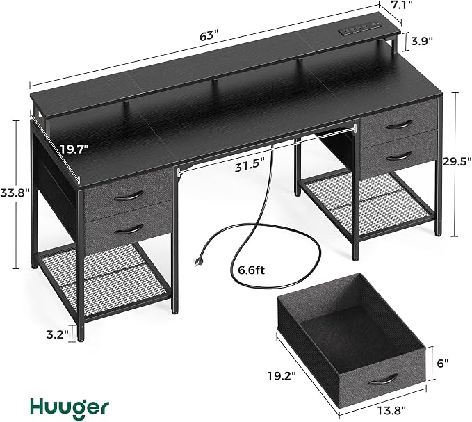 Huuger 63 inch Computer Desk with Power Outlets & 4 Drawers | Gaming Desk with LED Lights, Home Office Desk with Large Storage Space for Bedroom, Work from Home, Black
