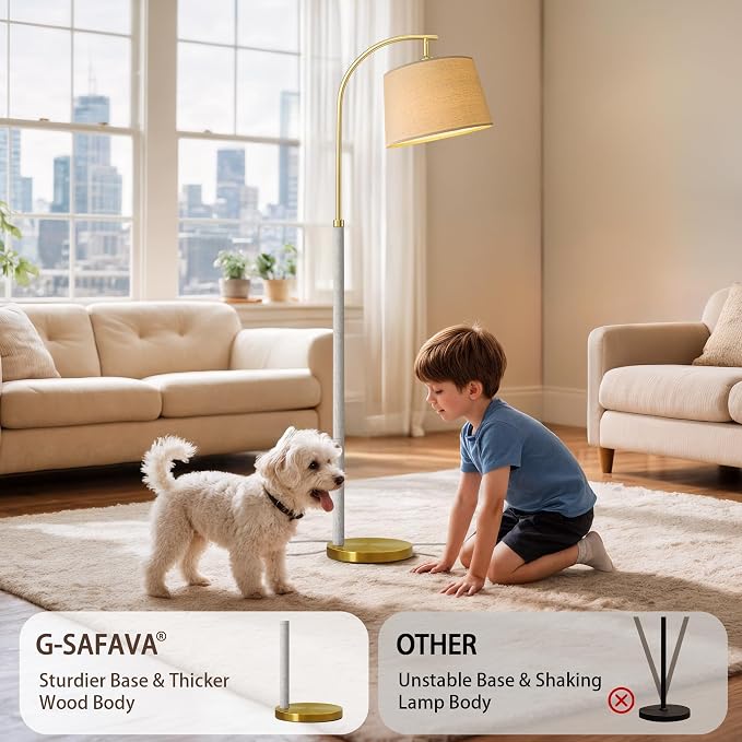 G-SAFAVA Real Wood Floor Lamps for Living Room Bedroom, 62.5" Mid Century Modern Lamp Gold Standing Tall Arc Lamps with Foot Switch, Floor Lamps for Nursery Office Decor Corner Reading Room Light