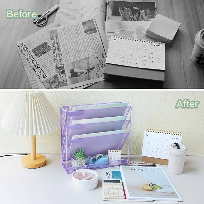 3 Pockets Mesh Wall File Holder Organizer with Bottom Flat Tray, Office Hanging File Folder Magazine Rack, Nametag Label Hooks Set Included, Purple