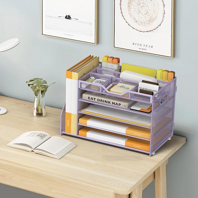 5 Tier Paper Letter Tray Desk Organizer with Pen Holders - Purple | Features 3 pen holders and 4 removable dividers.Versatile mesh desktop storage for mail, document,office supplie