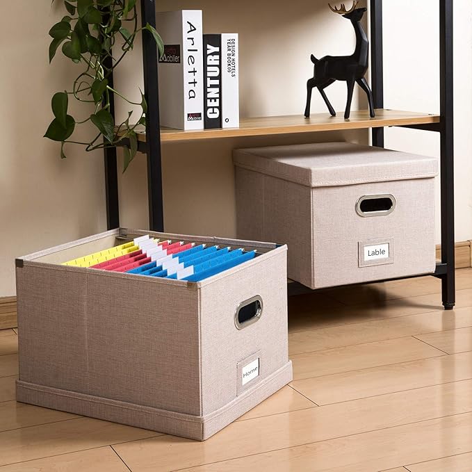 PRANDOM File Organizer Box - Set of 1 Collapsible Decorative Linen Filing Storage Hanging File Folders with Lids Office Cabinet Letter/Legal Size Light Grey (17x14x11.2 inch)