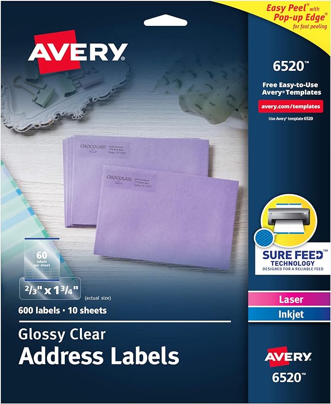 Avery Printable Return Address Labels with Sure Feed, 2/3" x 1-3/4", Glossy Clear, 600 Blank Mailing Labels (06520)