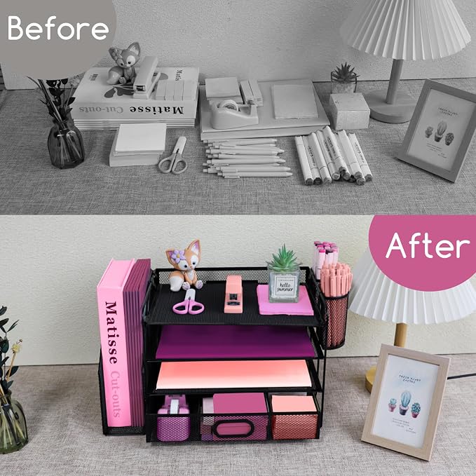 Desk Organizers and Accessories with File Holder, 4-Tier Paper Letter Tray Organiser with Drawer and 2 Pen Holder, Mesh Desktop Document Organizer for Office Supplies, Workspace - Black